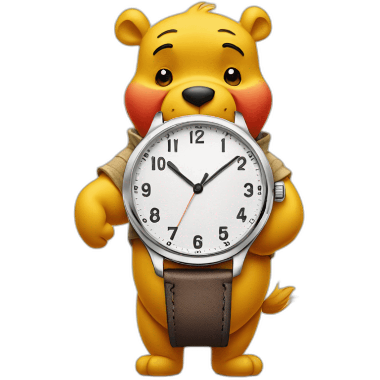 Winnie the pooh looks at the watch on his hand emoji