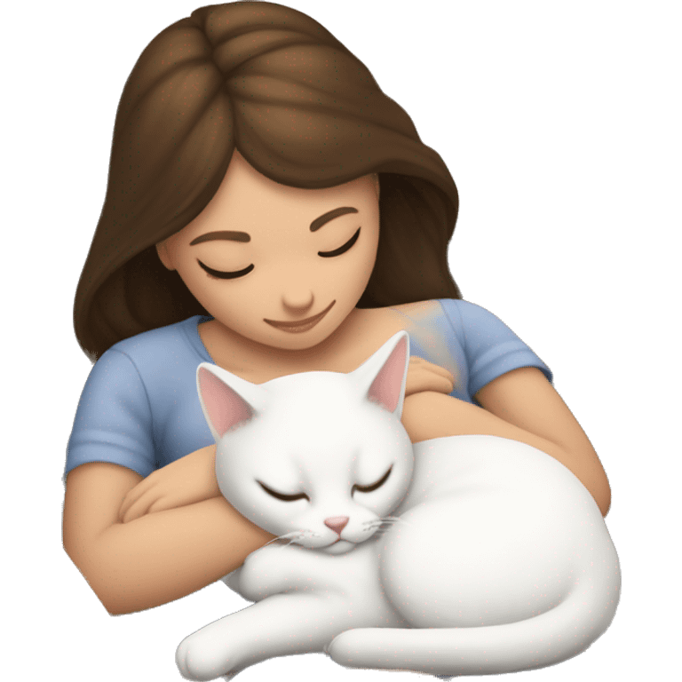 White kitty sleeping on brunette white girl's lap emoji