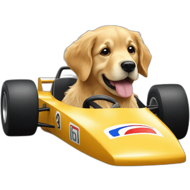 Golden retriever driving a F1 car emoji