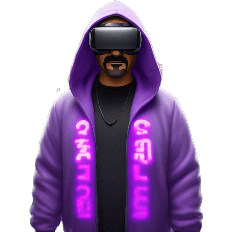 Big Lebowski wearing a black hoodie with "OMG" letters on it and VR headset oculus quest 2 in a cyberpunk VR environment with violet neon lighting. emoji