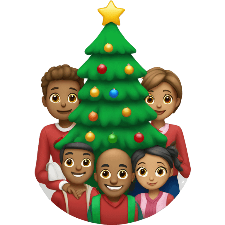 Christmas tree with 5 family members around it emoji