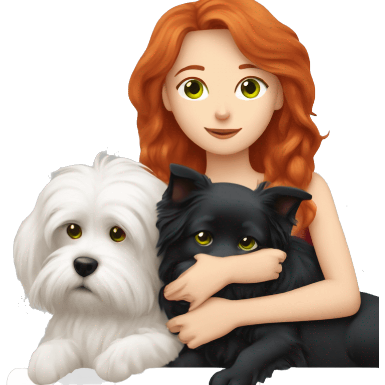 red-haired girl with green eyes, sleep with a maltese black dog emoji