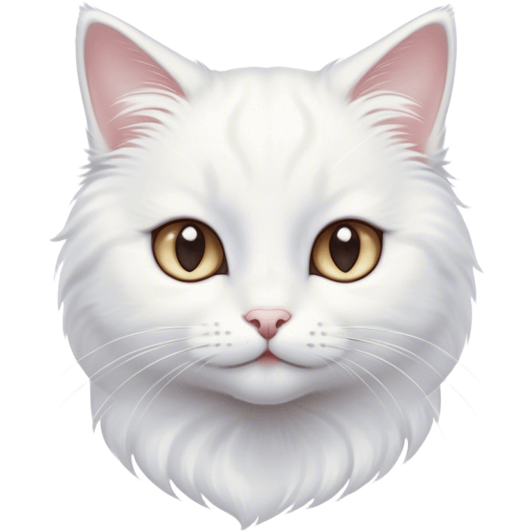 Cinematic Cute White Cat Portrait Emoji, Head tilted with a soft, gentle smile and sparkling eyes, featuring a silky, pristine white fur with subtle silver highlights, simplified yet irresistibly adorable, highly detailed, glowing with a warm, snowy glow, high shine, radiating affectionate charm and tender grace, styled with a light, playful outline, capturing the essence of a cute white cat that looks as if it could melt your heart with a single blink! emoji