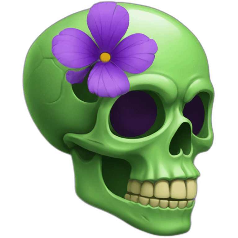 Green skull with purple flower coming out from eye socket emoji