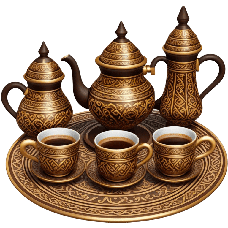 Turkish Coffee Set – Cinematic Realistic Turkish Coffee Set, depicted as an elegantly arranged ensemble of ornate coffee cups and a traditional cezve pot, adorned with intricate patterns and rich, warm colors, rendered with detailed textures and soft ambient lighting that captures its cultural heritage. emoji