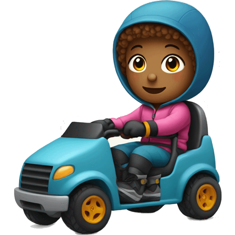 My baby wearing a ski outfit riding a toy truck emoji