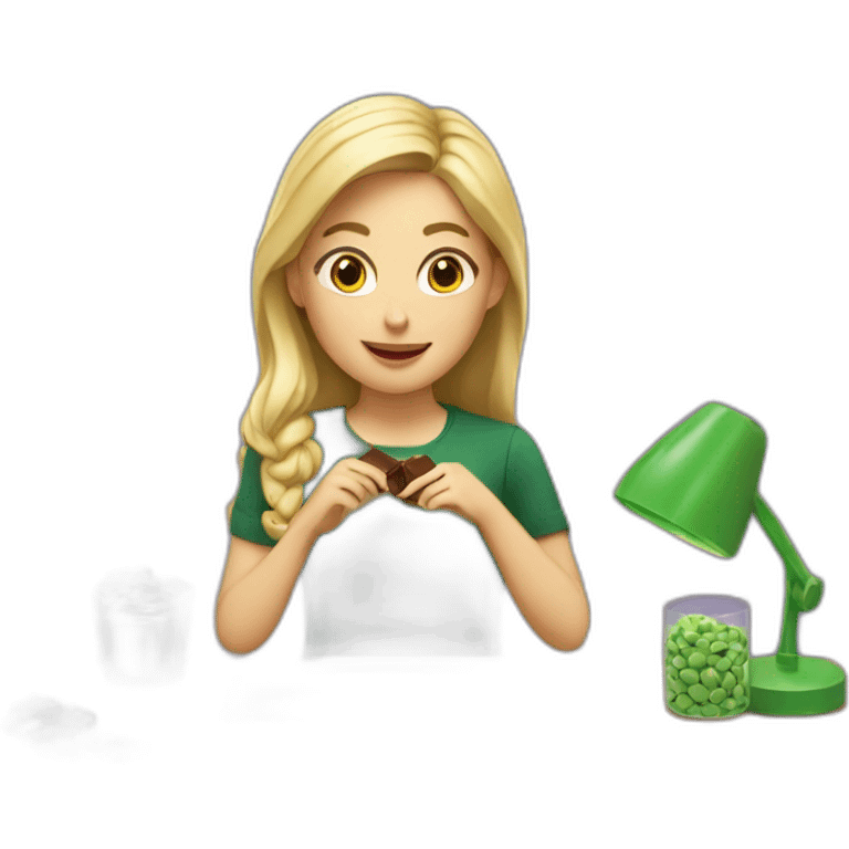 Girl with blonde hair sitting at a desk wrapping chocolate candies with solid green background emoji