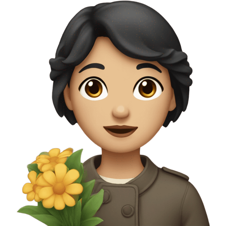 A girl with very short black hair, fair skin, and brown eyes wearing a coat and waving flowers emoji