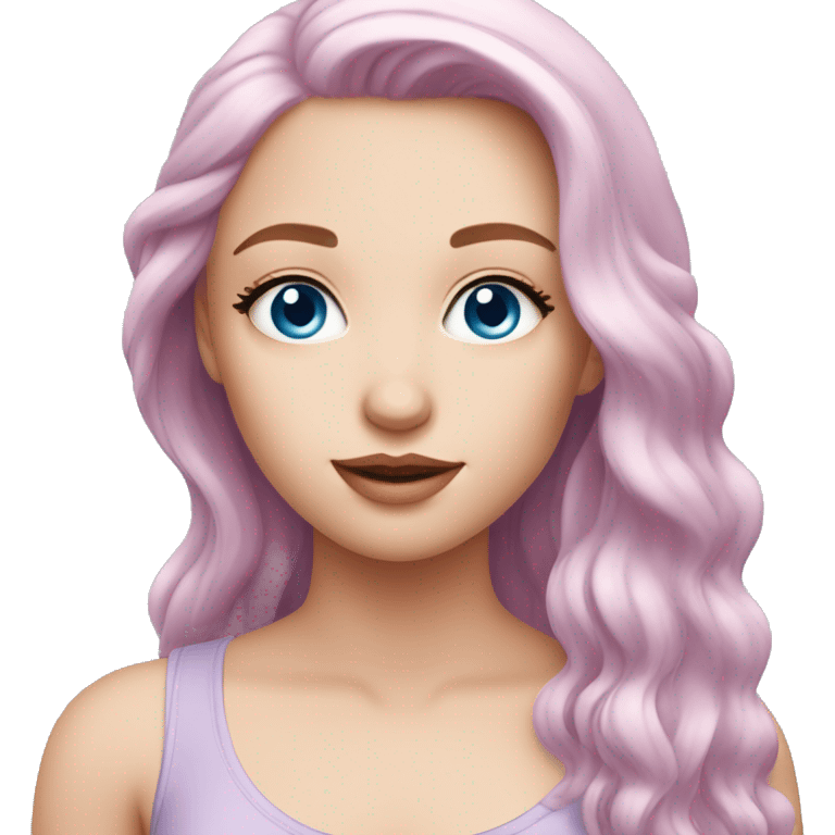 a beautiful girl, with fair skin, blue eyes and long soft pink hair, soft pink lips. in a lilac top emoji