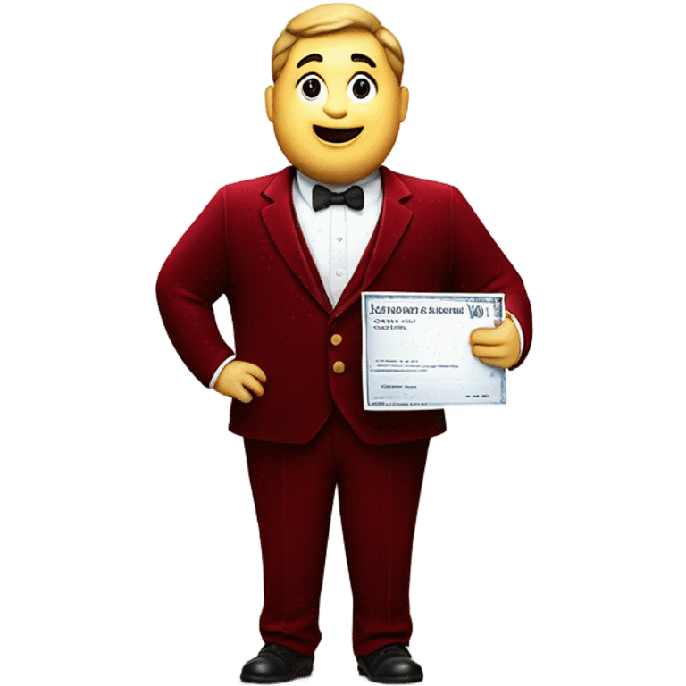 fat guy in dark red velvet suit holding cheque emoji