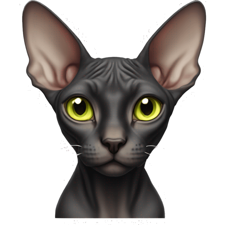 black sphynx cat with a white chest and a white chin with yellowish green eyes emoji