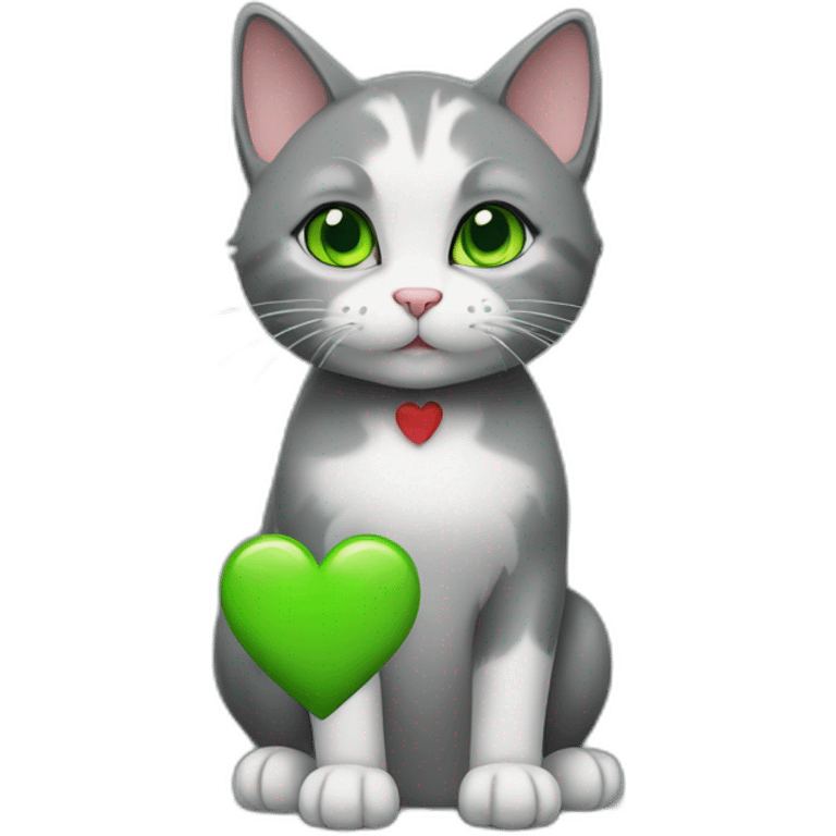 a cat with green eyes and gray fur holding a heart in its paws. emoji