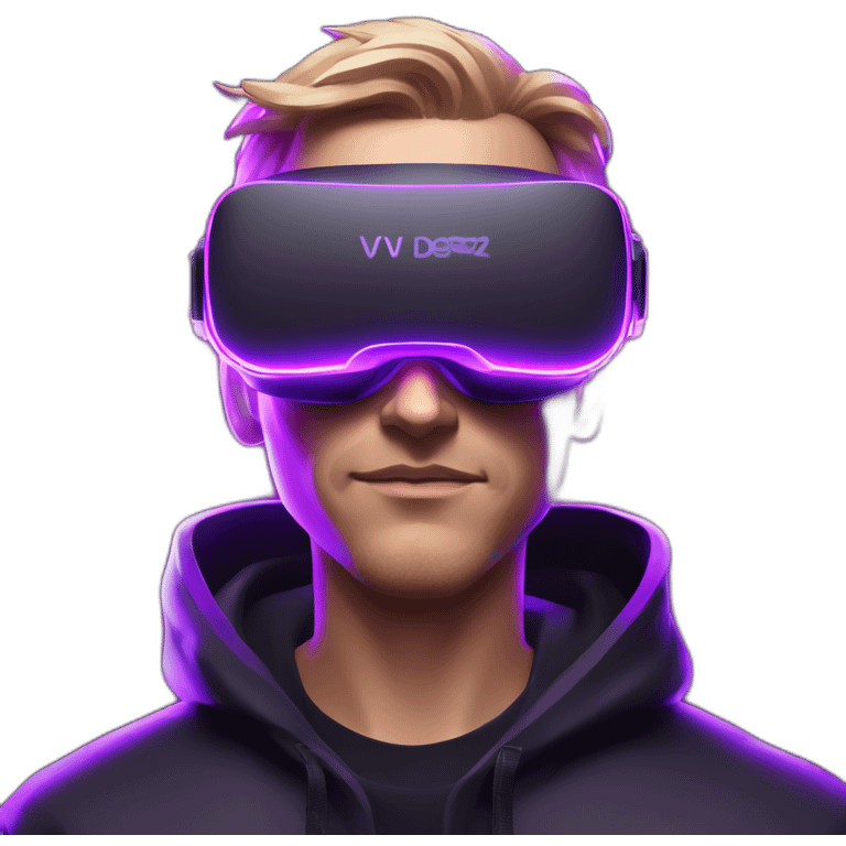 Cyberpunk style. Violet neon. Man with white-light skin in the black hoody with violet OMG VR logo on it wearing vr headset oculus quest 2 emoji