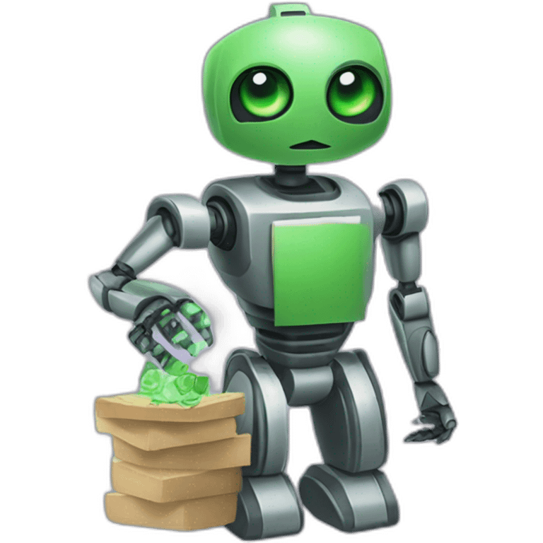 robot with green eyes holding a stack of monet in his left hand  emoji