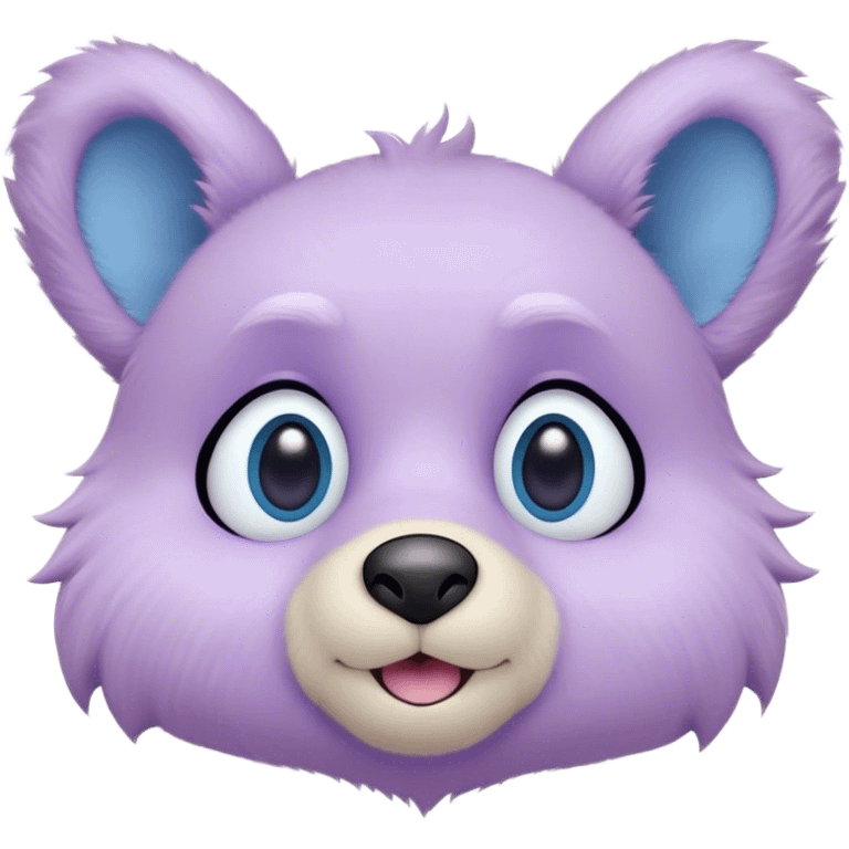 A creature with pastel purple fur and large pixar blue eyes and small ears like a teddy bear. The base around the eyes, nose and mouth is white. The blush emoji