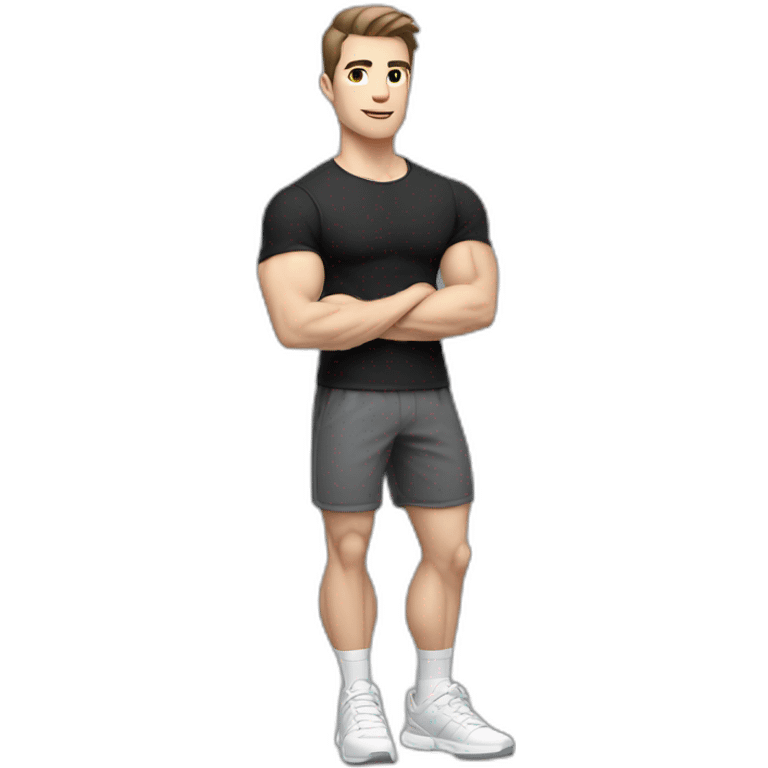 Pale skinned Fit Man With the biceps and dark brown hair in black shirt, gray sports shorts and white Sneakers emoji