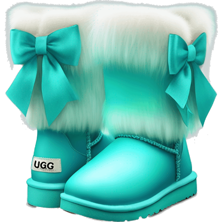 Realistic pair of tiffany blue to turquoise ombre fur Ugg boots with silk ribbon bows. emoji