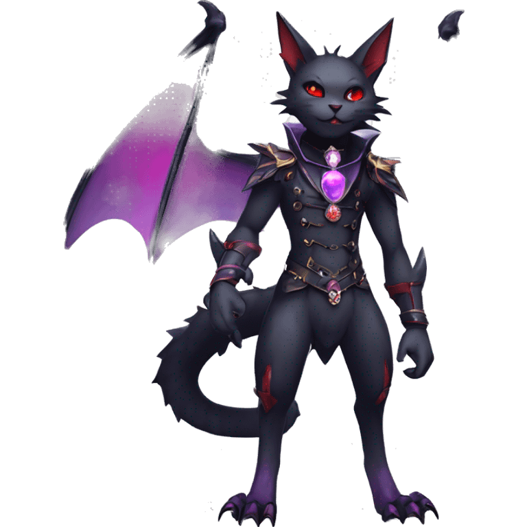 cool kawaii edgy evil black purple red ethereal fantasy beautiful elegant nargacuga-bat-cat-Fakemon wearing legs spats a collar harness with jewelries full body emoji