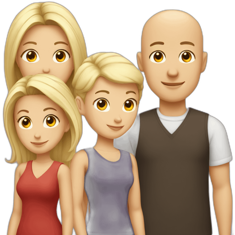 4 friends. Chinese lady, bald man, blonde man, brown hair lady emoji