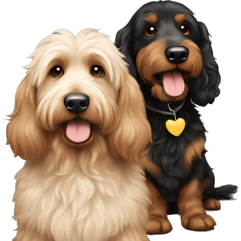 Large Brown goldendoodle and black and tan and cream longhair dachshund sitting together  emoji