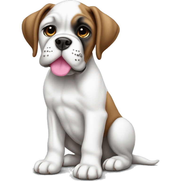 Sitting white boxer puppy with pink nose emoji