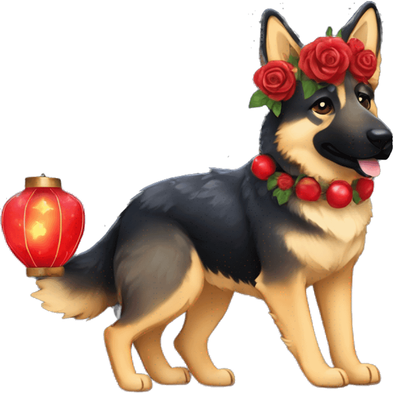 Midnight starry night stars Brindled German shepherd fox carrying glowing red lantern, fairy lights, rose flower crown emoji