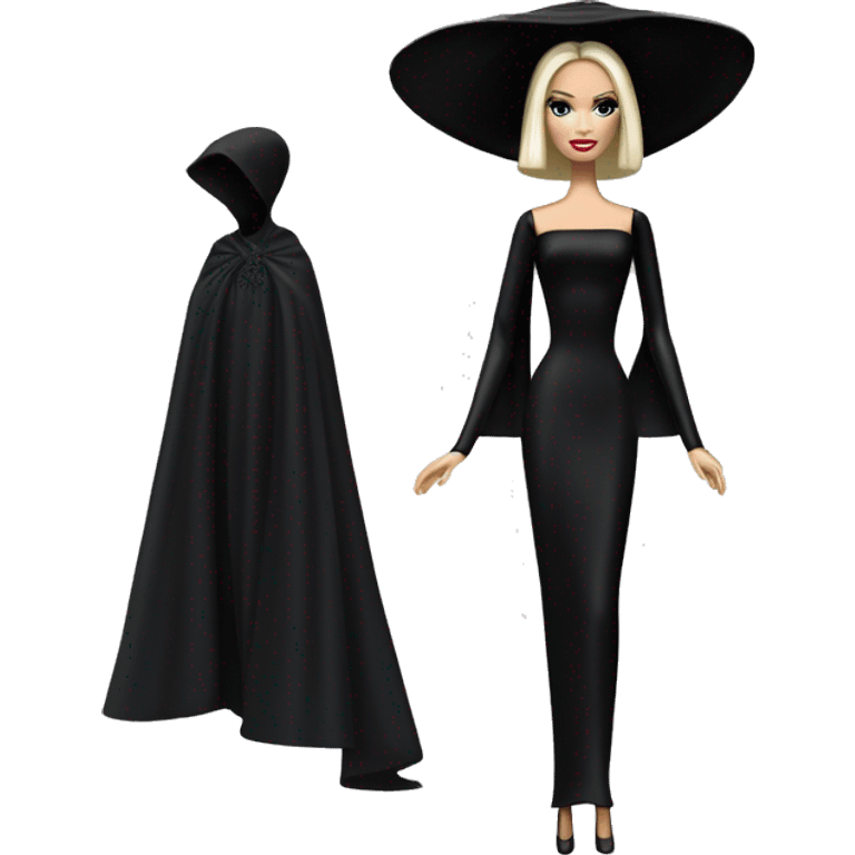 Dulcissima Barbie, Morticia Addams, cape,veil,funeralwear,showing off, show full body,accessories  emoji