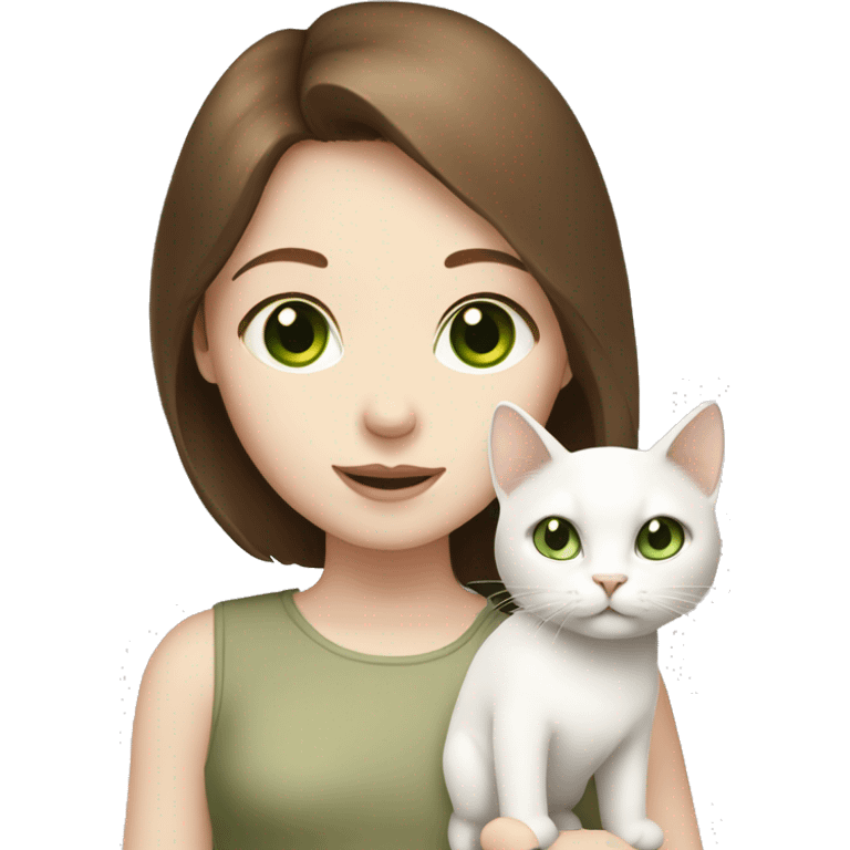 A girl with brown hair, pale skin holding a white cat with green eyes  emoji