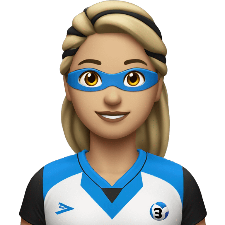 jugadora de voley con vestimenta azul y rayas negras morocha y camiseta numero 3 emoji