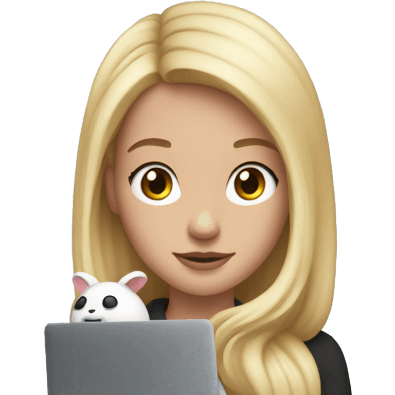 A blonde girl wearing airpods max and looking at a macbook emoji