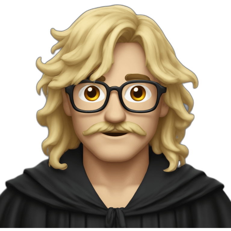 A man with blond messy hair and a mustache, wearing a black squared shaped eye glasses, a black wizard hat, black  robe emoji