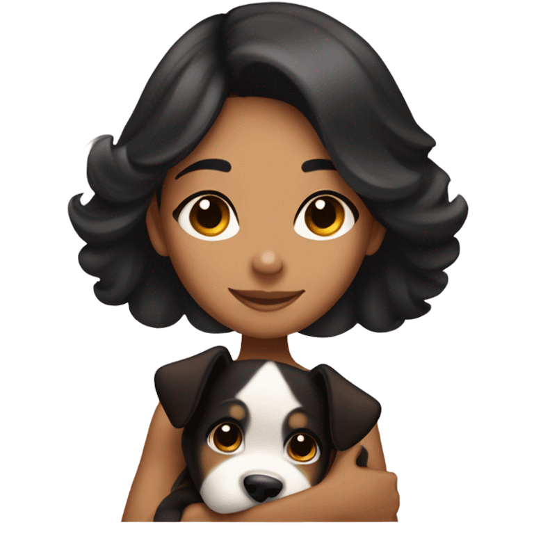 Tanned girl black hair cuddling brown and white puppy emoji