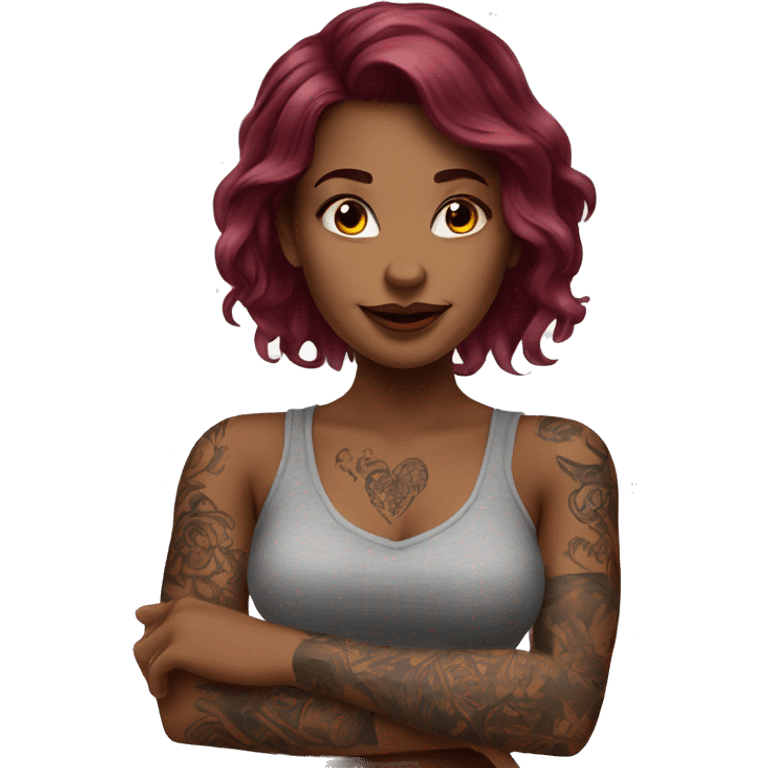 Beautiful tattooed  burgundy long haired woman blushing in love emoji