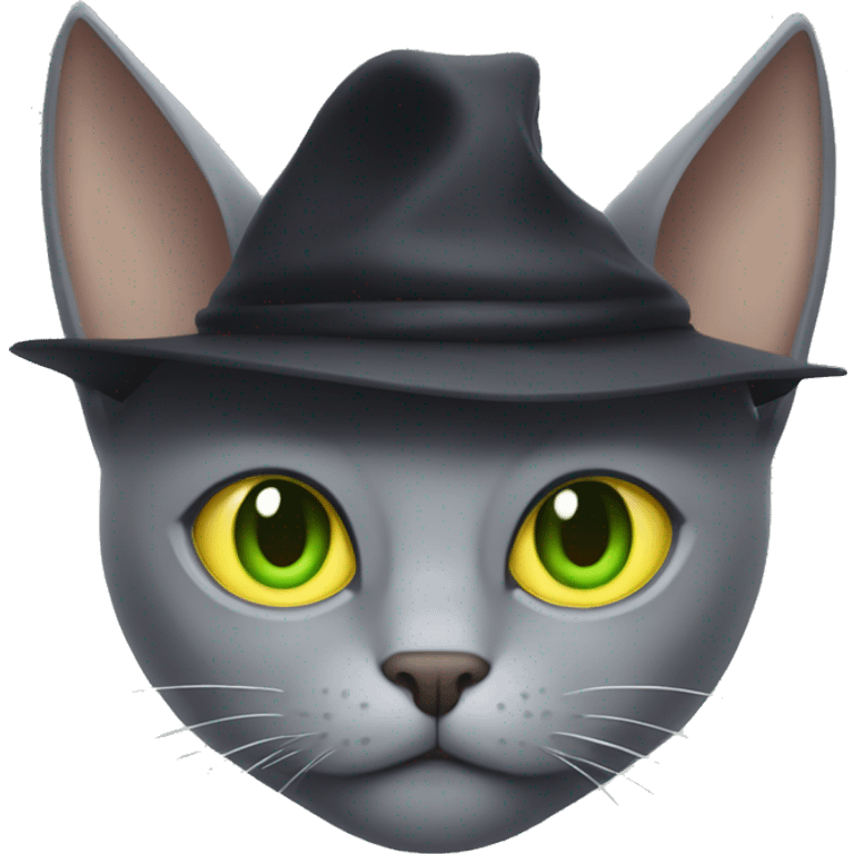 Gray cat with green-yellow eyes with bat hat on his head emoji