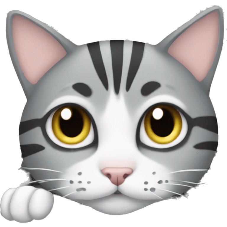 A striped grey cat is lying on the keyboard of the computer emoji