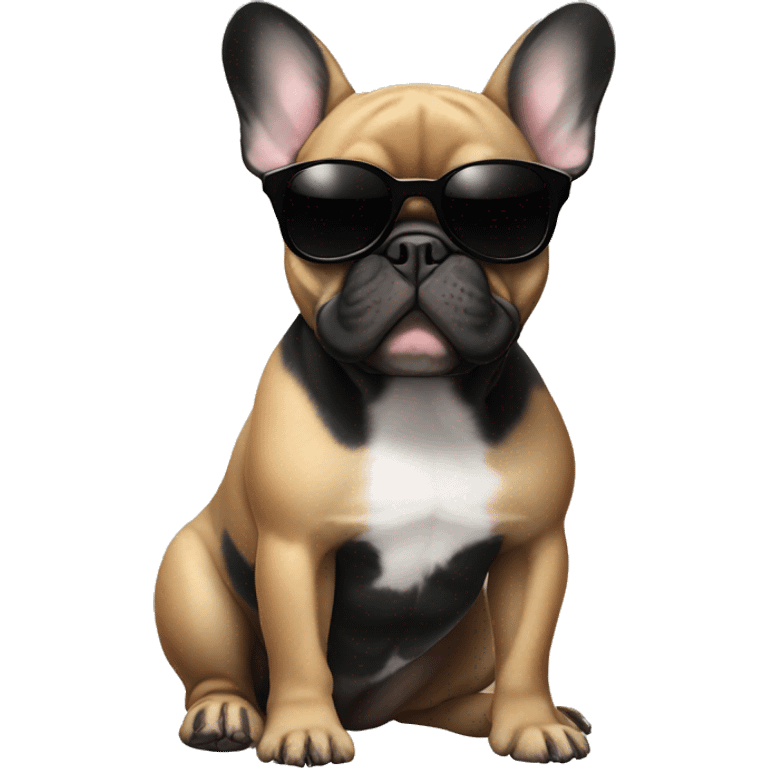 French bulldog with black body and ears and tan paws and belly with sunglasses emoji