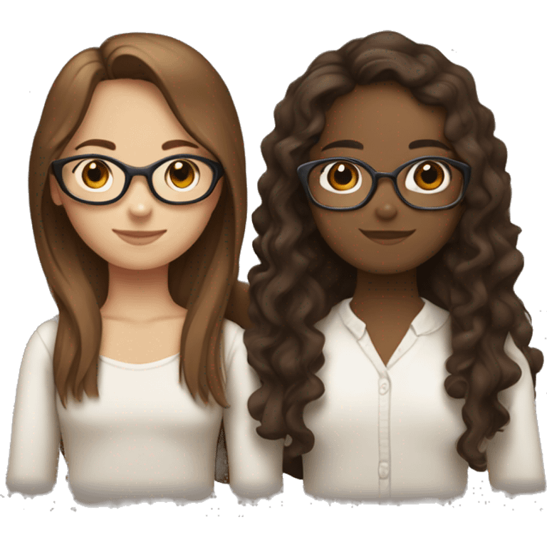 Two girls hugging, one with white skin and with long straight brown hair with glasses and the other girl with brown skin long dark brown curly hair  emoji