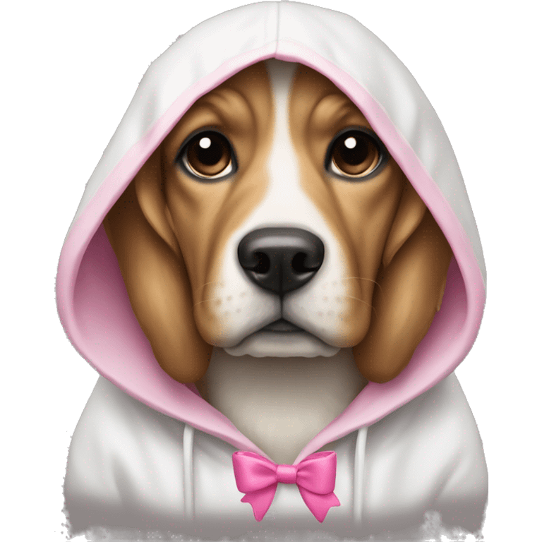 dog wearing a white hoodie with a pink bow on it emoji