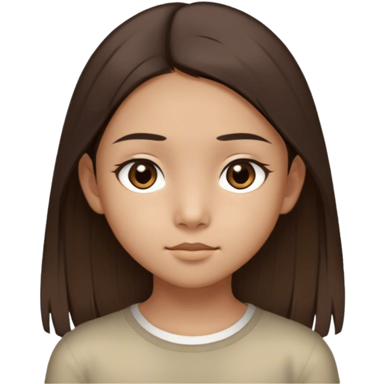 A thin 10-year-old Asian girl with straight brown hair below her shoulders, two distinctly light strands framing her face, large dark brown eyes, olive skin, and light brown, not narrow eyebrows. emoji