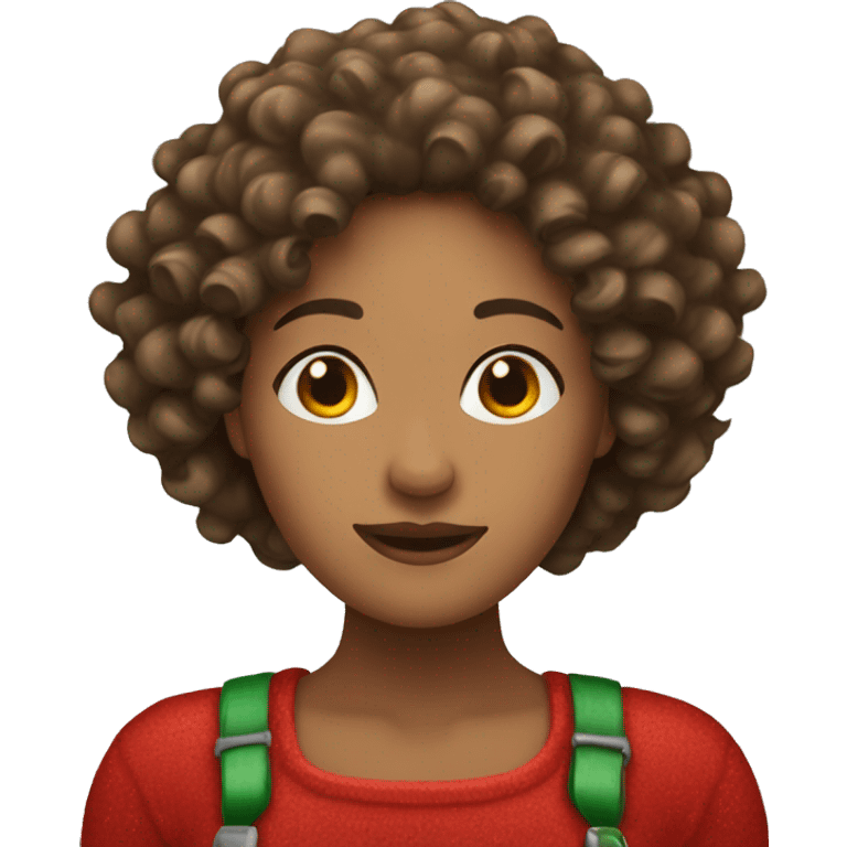 woman with curly hair brown and christmas hat emoji