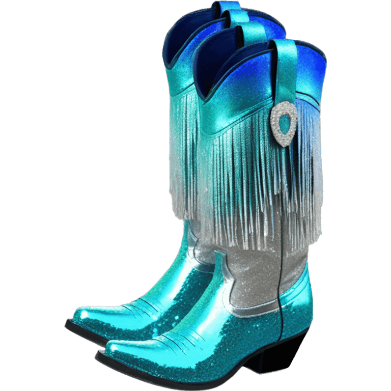 Realistic silver and peacock blue ombre pair of fashion cowgirl boots with sparkly shiny glitter fringe on them. emoji