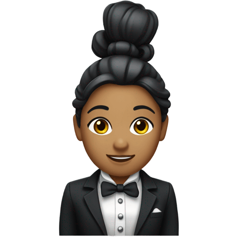 a female butler with a professional and elegant demeanor. She has her hair neatly tied in a ponytail and wears a classic butler uniform, including a tailored vest, crisp white shirt, and bow tie. emoji