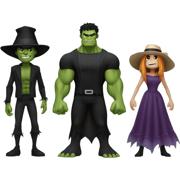 Spider-Man, the Hulk, the scarecrow and the wicked witch together holding hands emoji