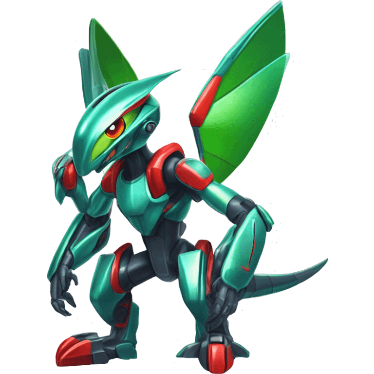 a shiny metallic Genesect-Flygon-Raptor-Fakémon-Medabot-hybrid with a futuristic visor-helmet full body emoji