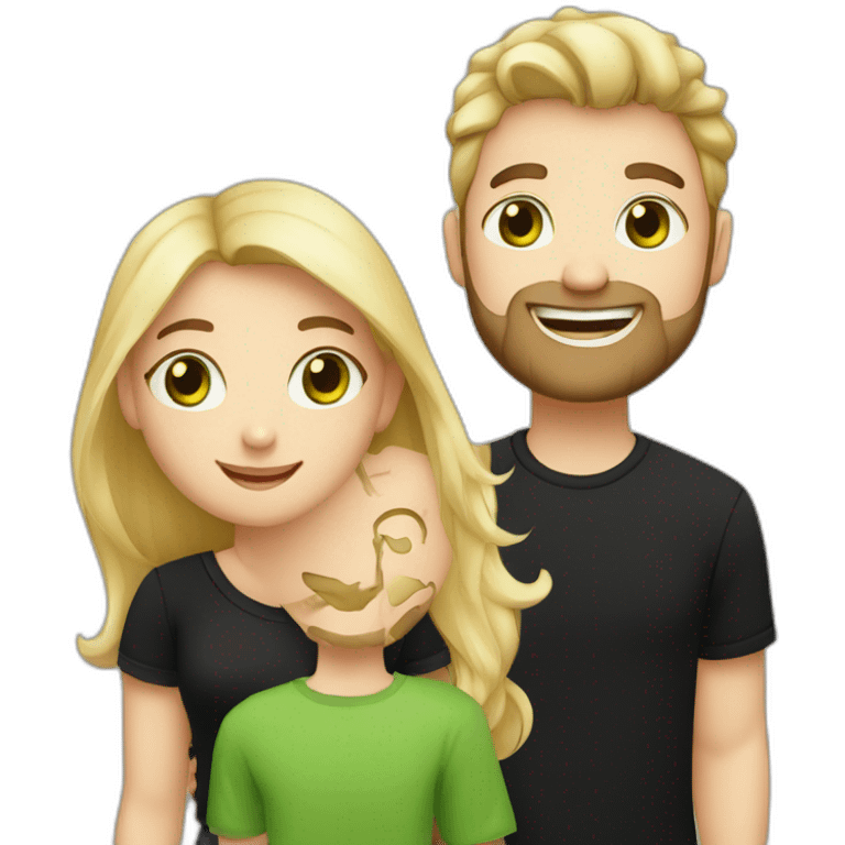 A happy couple, blond chubby girl with blue eyes and black haired and bearded man with green eyes. The man wears a black t-shirt emoji