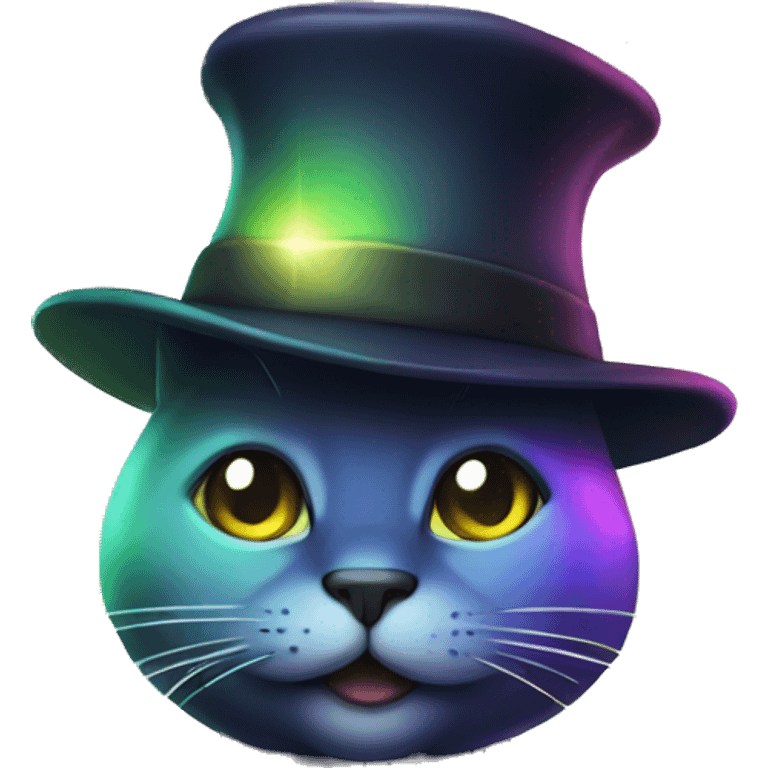 Dark iridescent cat glowing wearing a hat emoji