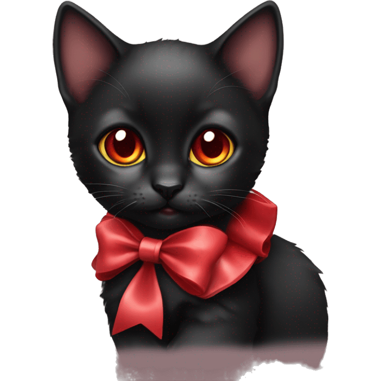 Cute black kitten with red bow as collar and has red eyes emoji