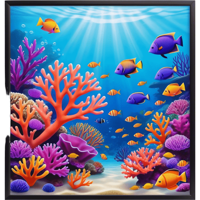 Cinematic Realistic Coral Reef Emoji in a wooden frame, Vibrant and alive, with colorful corals in hues of pink, purple, and orange, swaying gently with the underwater currents. Schools of tropical fish dart between the coral, with soft rays of sunlight piercing through the clear blue water above, creating a magical, serene underwater world. Soft glowing outline, capturing the essence of the bustling, colorful, and peaceful aquatic paradise. emoji