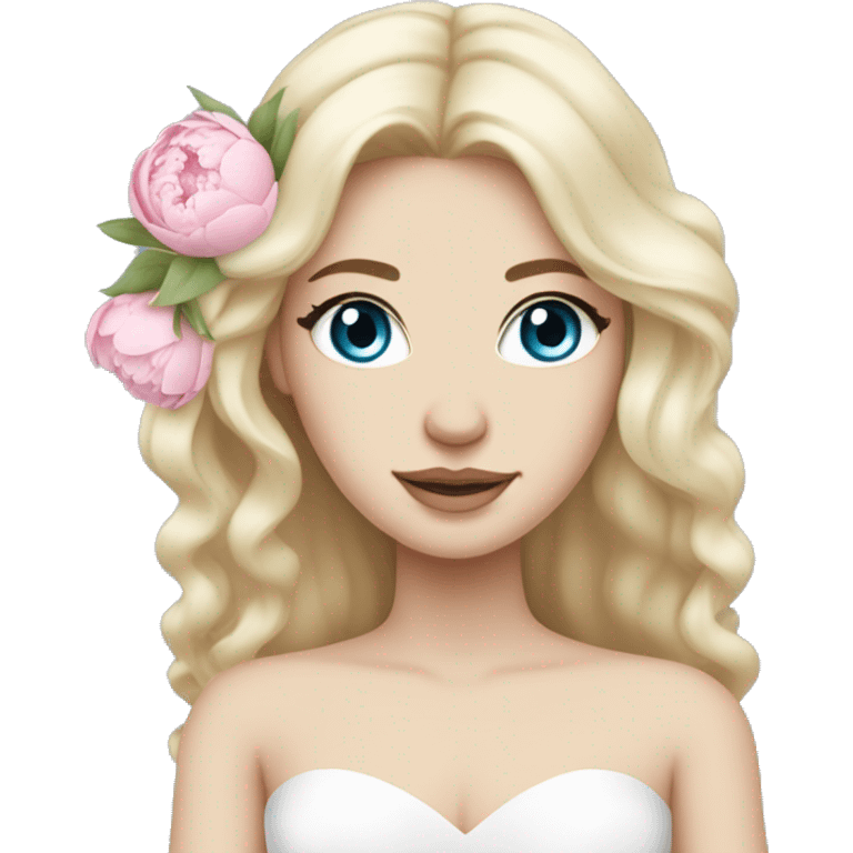 White bride with long light blonde hair and blue eyes with light pink peonies in hair white skin  emoji