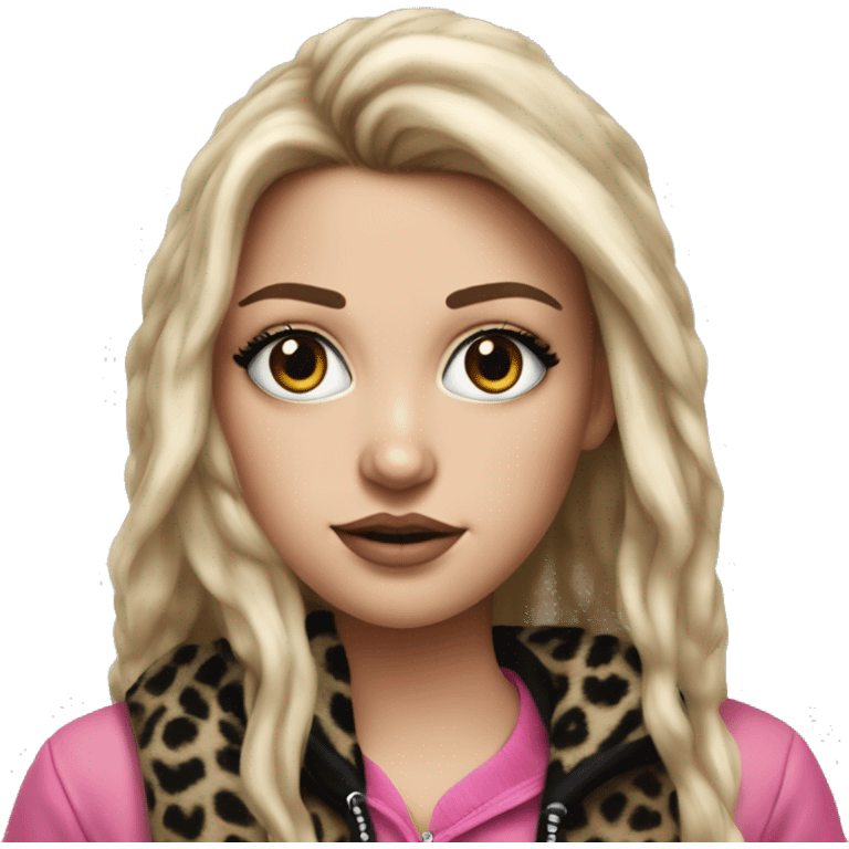 Hyperrealistic white girl with long black hair with a pink fringe and has eye makeup on, she is wearing a black and leopard print hoodie  emoji